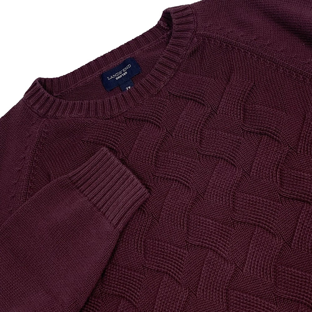 Lands End Drifter Sweater Womens 2X Burgundy Cable Knit Fisherman Cotton VTG